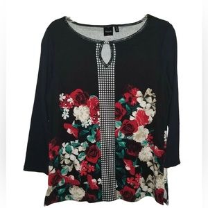 Rafaella Women's Ladies  Black Floral Time to Shine Pullover Top Size S